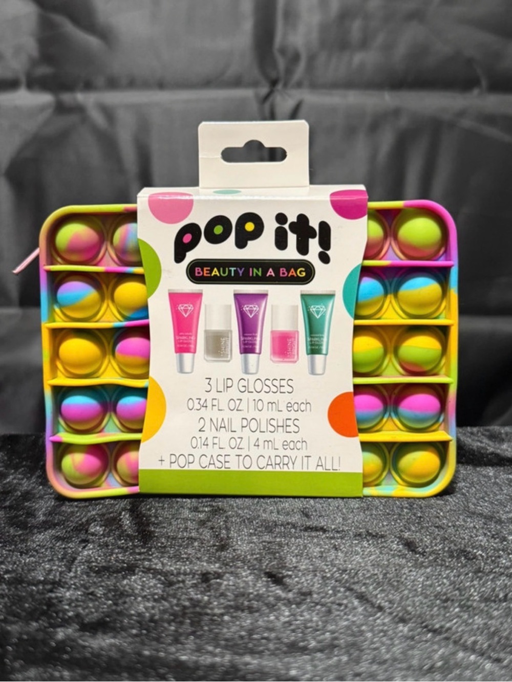 Pop-It Beauty in a bag- pop-it zipper bag with 3 lip glosses & 2 nail polishes